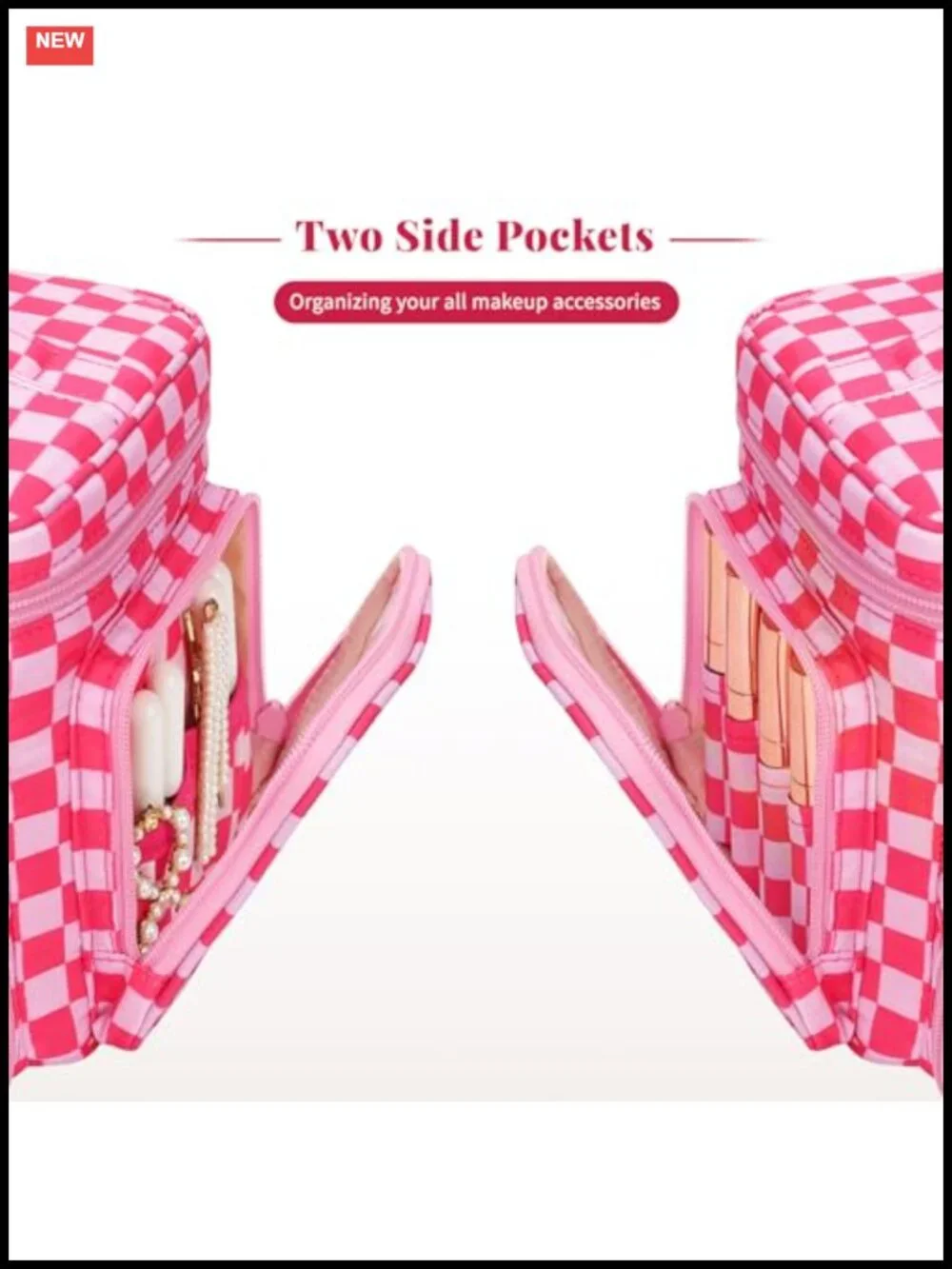 Large Checkered Makeup Bag with Brush Compartment & Pockets, Travel Cosmetic